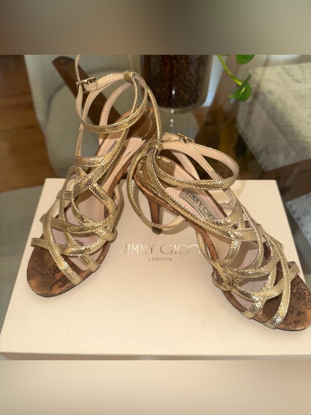 Jimmy Choo Gold Metallic Strappy High Heel Sandals